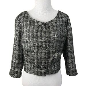 Spiegel Women's Tweed Blazer Jacket Silver Black Pattern Lined Crop SZ 6